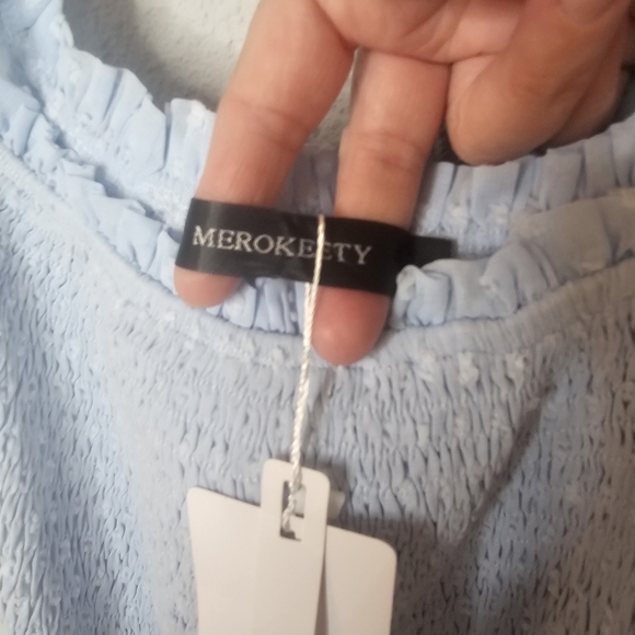 Merokeety Dress Sz‎ L Puff Sleeve Soft Girl Flowy Midi Feminine Pastel Blue NEW - Picture 7 of 15